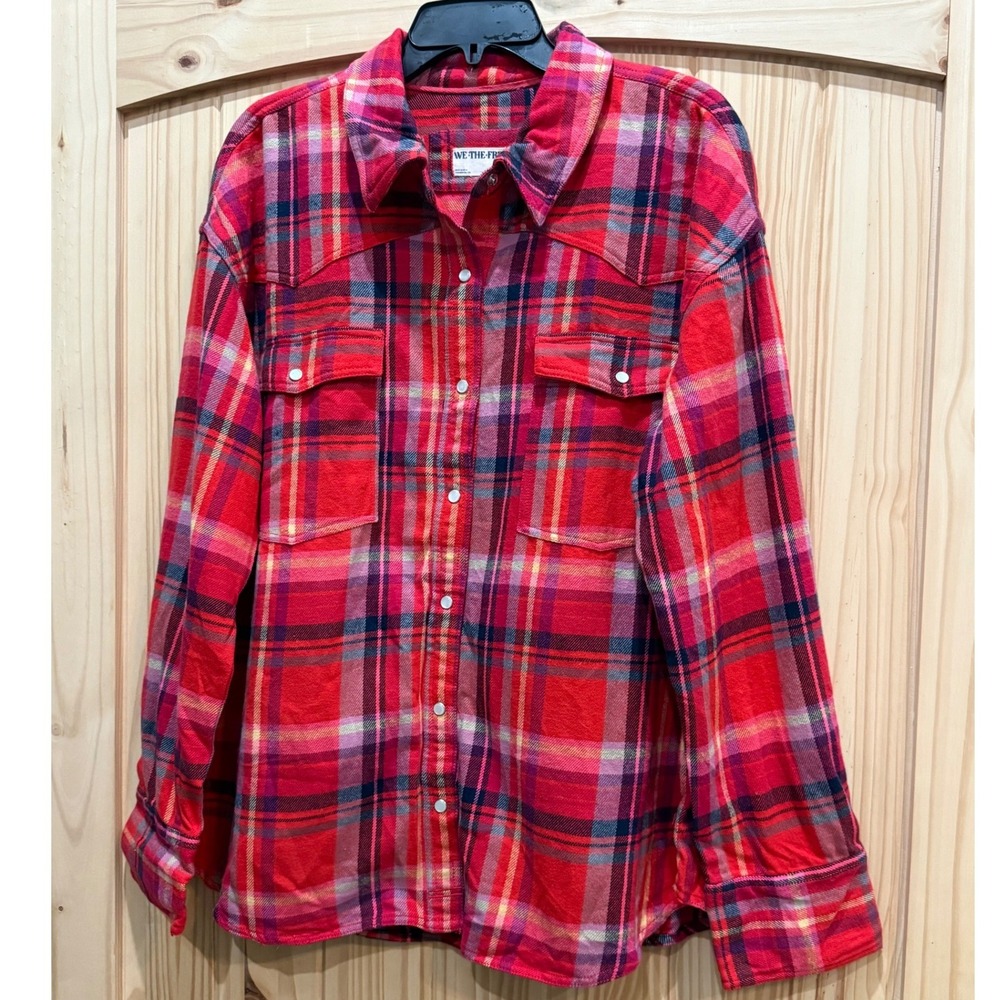We The Free People Red Berry Combo Plaid Western Flannel Shirt OB2121783 Large